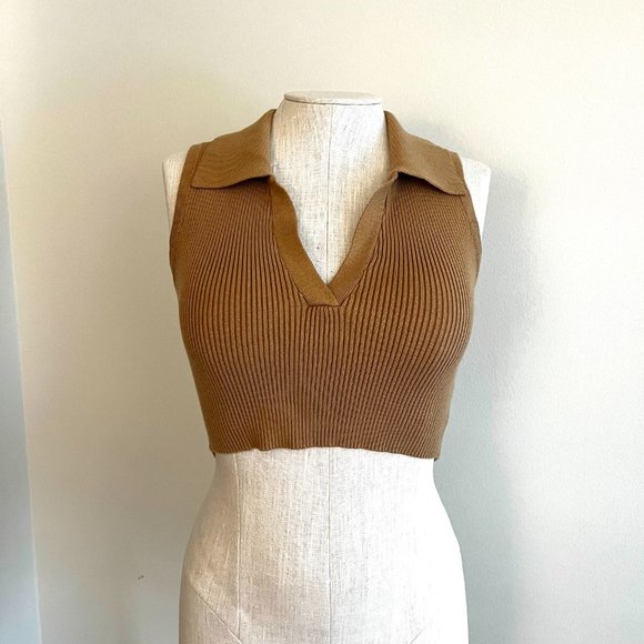 Lychee the Label Choux Ribbed Polo Crop Top Tan - Picture 2 of 2